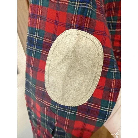 Pendleton Wool Plaid‎ Shirt Red Green Elbow Patches USA Vintage Academia M - Picture 4 of 5